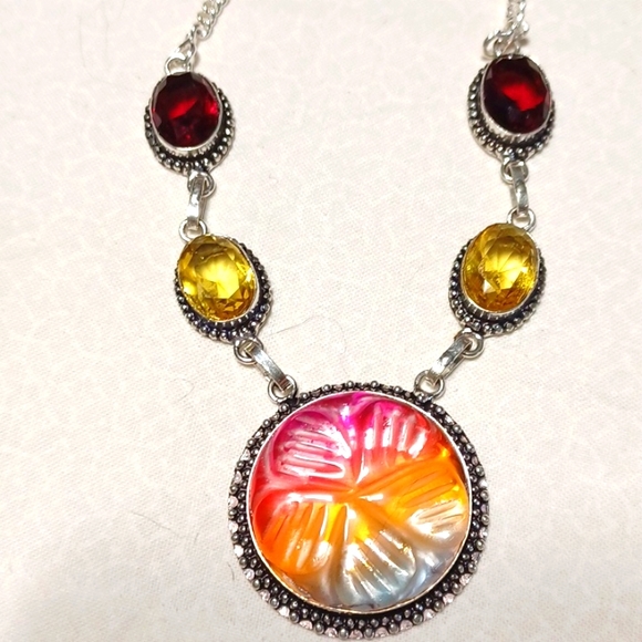Bi-tourmeline citrine garnet silver necklace carved handmade red yellow white - Picture 2 of 5